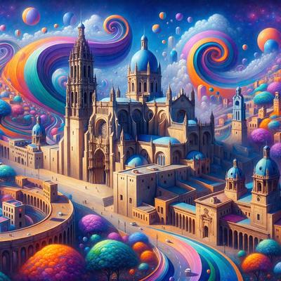 Primary subject: A large, colorful, and intricately designed cathedral with a spiral staircase.

Setting/background: The cathedral is set against a backdrop of a colorful, swirling sky filled with various shapes and colors.

Visual style: The image is a digital art piece, featuring a vibrant and imaginative design.

Colors and mood: The colors in the image are predominantly bright and vivid, creating a lively and cheerful atmosphere.